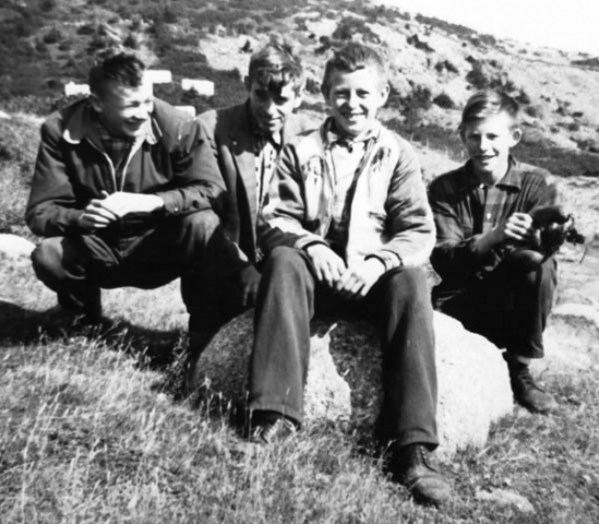 054: l-r: Raymond Carroll, Vincent Ennis, Francis Bishop, Patrick Ryan. (circa 1956)  [courtesy of Maurice Barry]  - Raymond son of Michael Carroll &amp;amp; Josie Barry; Vincent son of Vincent Ennis &amp;amp; Min  Carroll; Francis son of Ambrose Bishop &amp;amp; Mary Mulrooney; Patrick son of Albert Ryan &amp;amp;  Catherine Nolan.